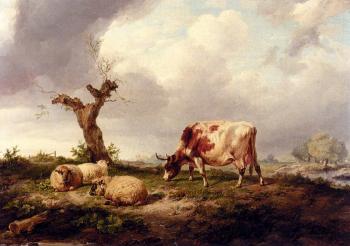 Thomas Sidney Cooper : A Cow With Sheep In A Landscape
